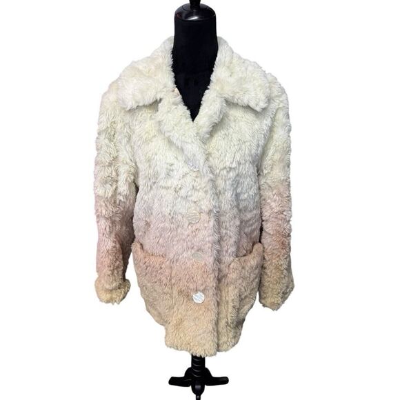 Anthropologie Womens Ivory Button Front Ombre Plush Faux Fur Coat Size M - Picture 12 of 16
